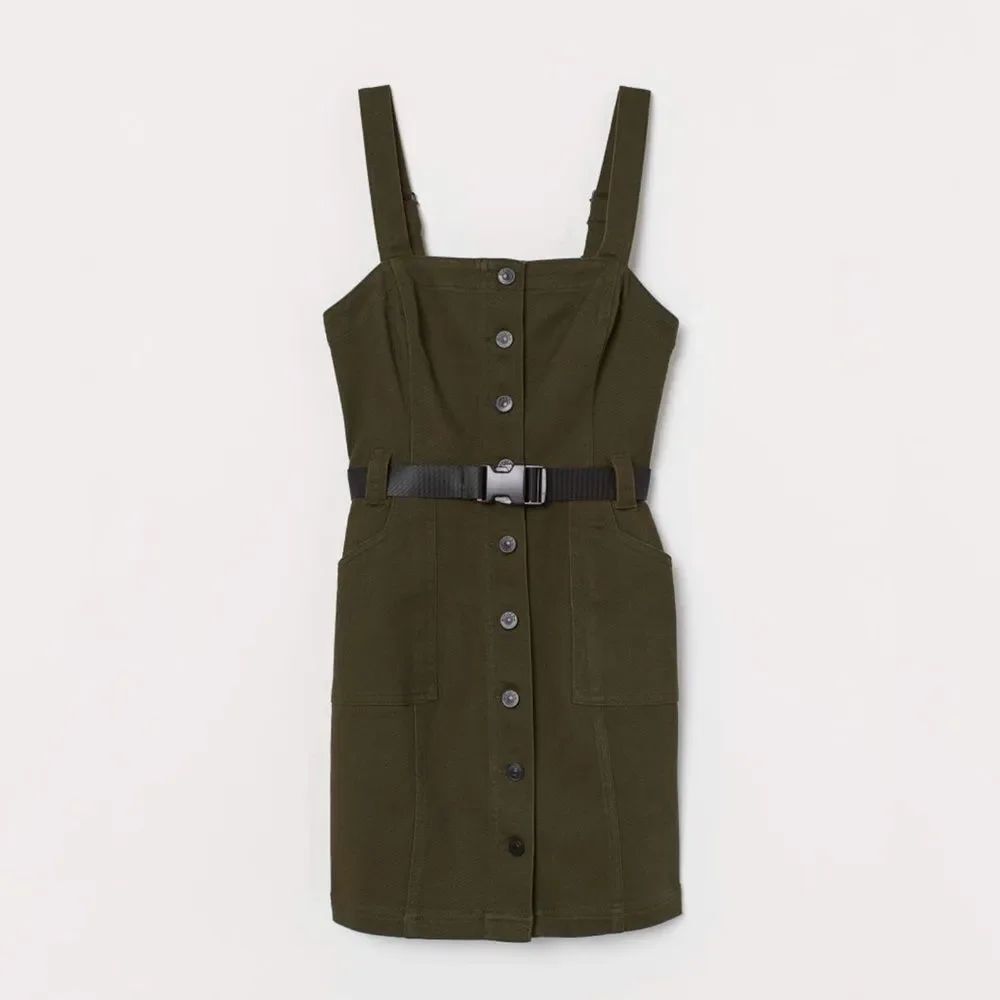 NWT H&M Divided Dark Olive Green Overall Denim Button Down Mini Dress